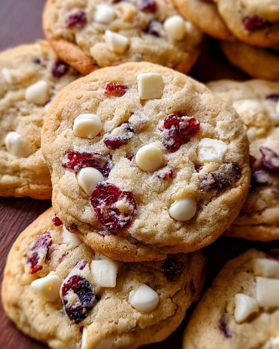 Festive white chocolate cranberry cookies on a plate with holiday decorations