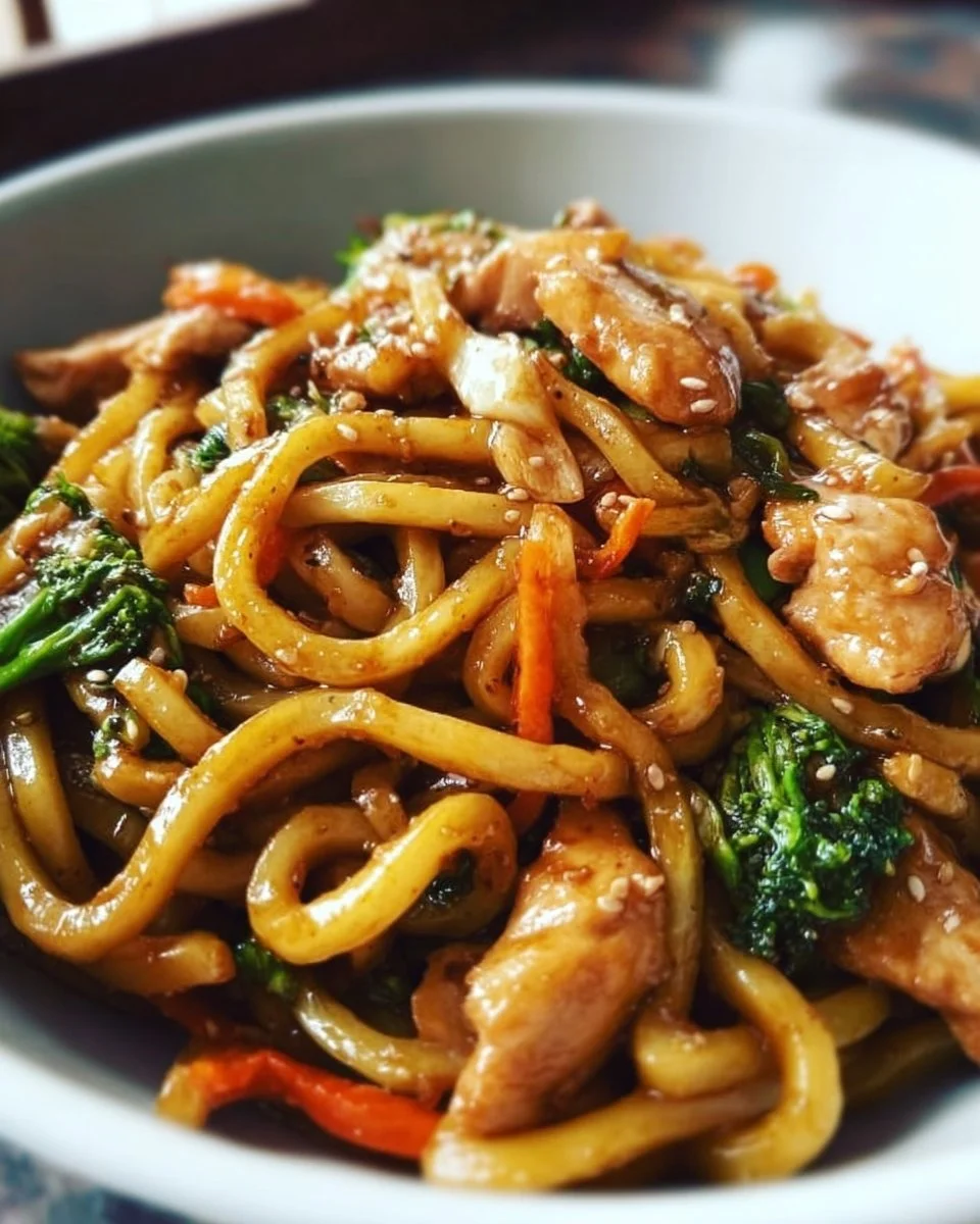 A bowl of flavorful Chicken Yaki Udon stir fry with colorful vegetables and chicken pieces.