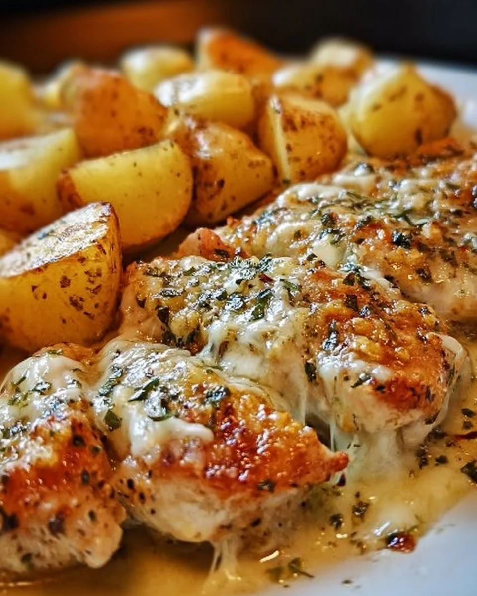 Garlic Parmesan Chicken served with crispy roasted potatoes on a plate.