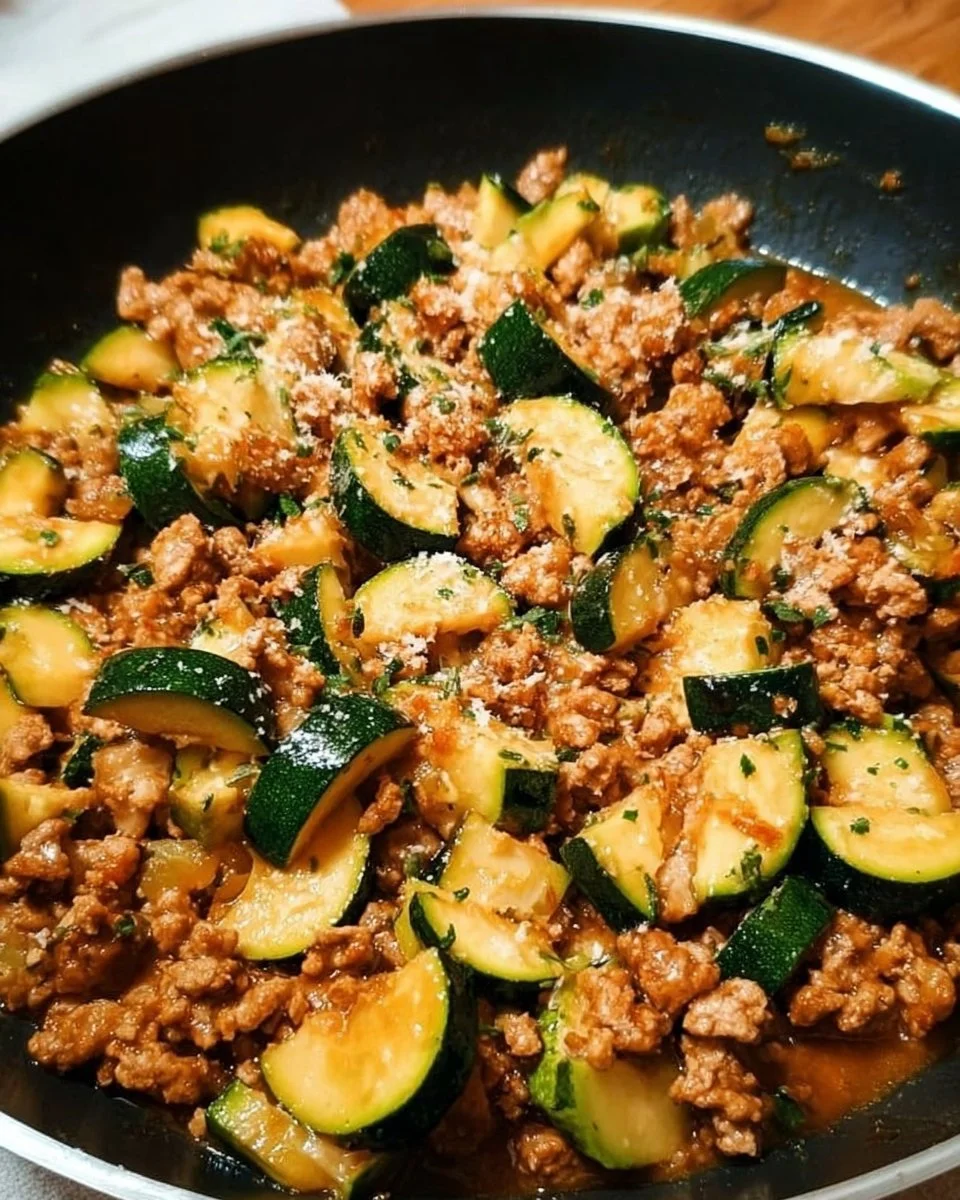 Ground Turkey and Zucchini Skillet dish served in a skillet with herbs