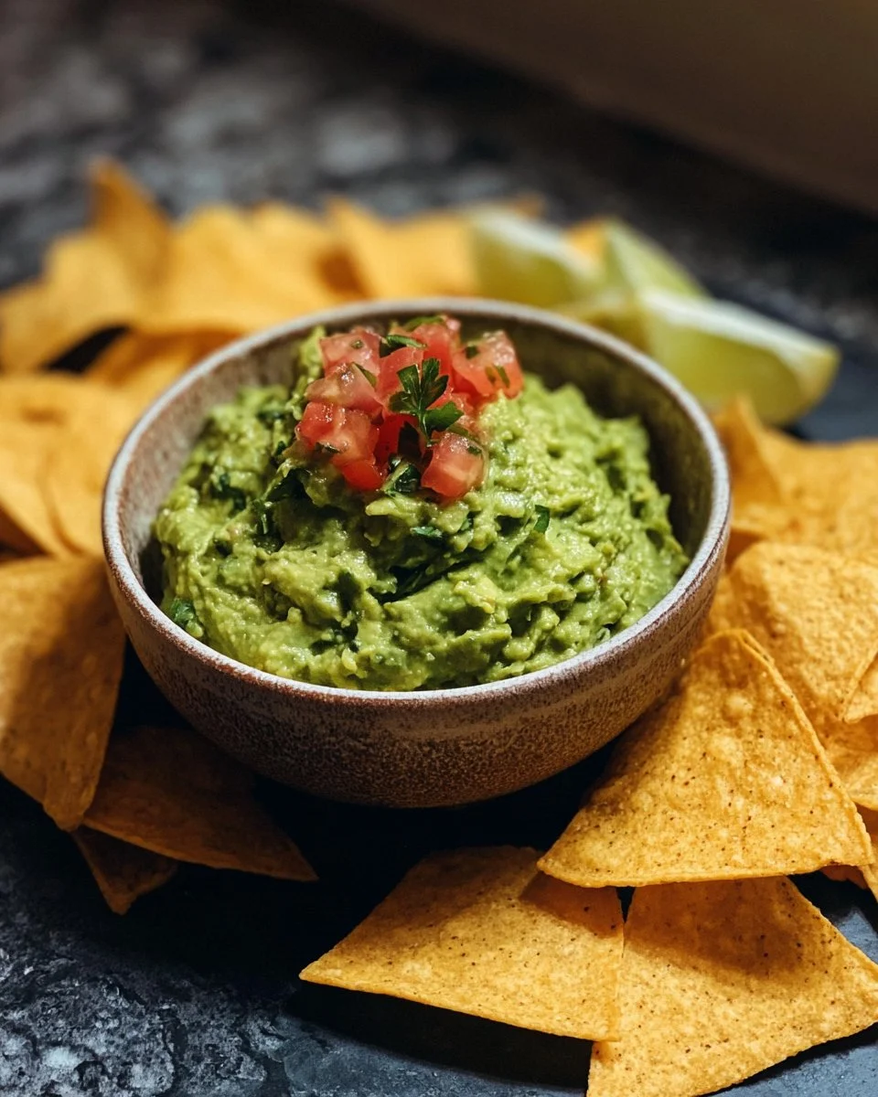 A bowl of guacamole served with crispy tortilla chips on a wooden table.