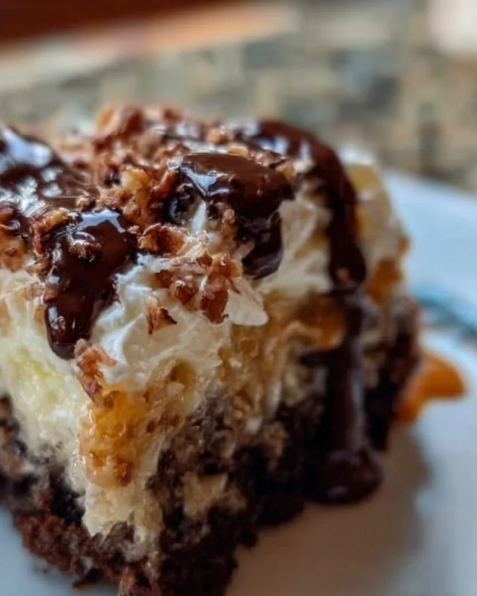 Irresistible German Chocolate Poke Cake topped with coconut pecan frosting