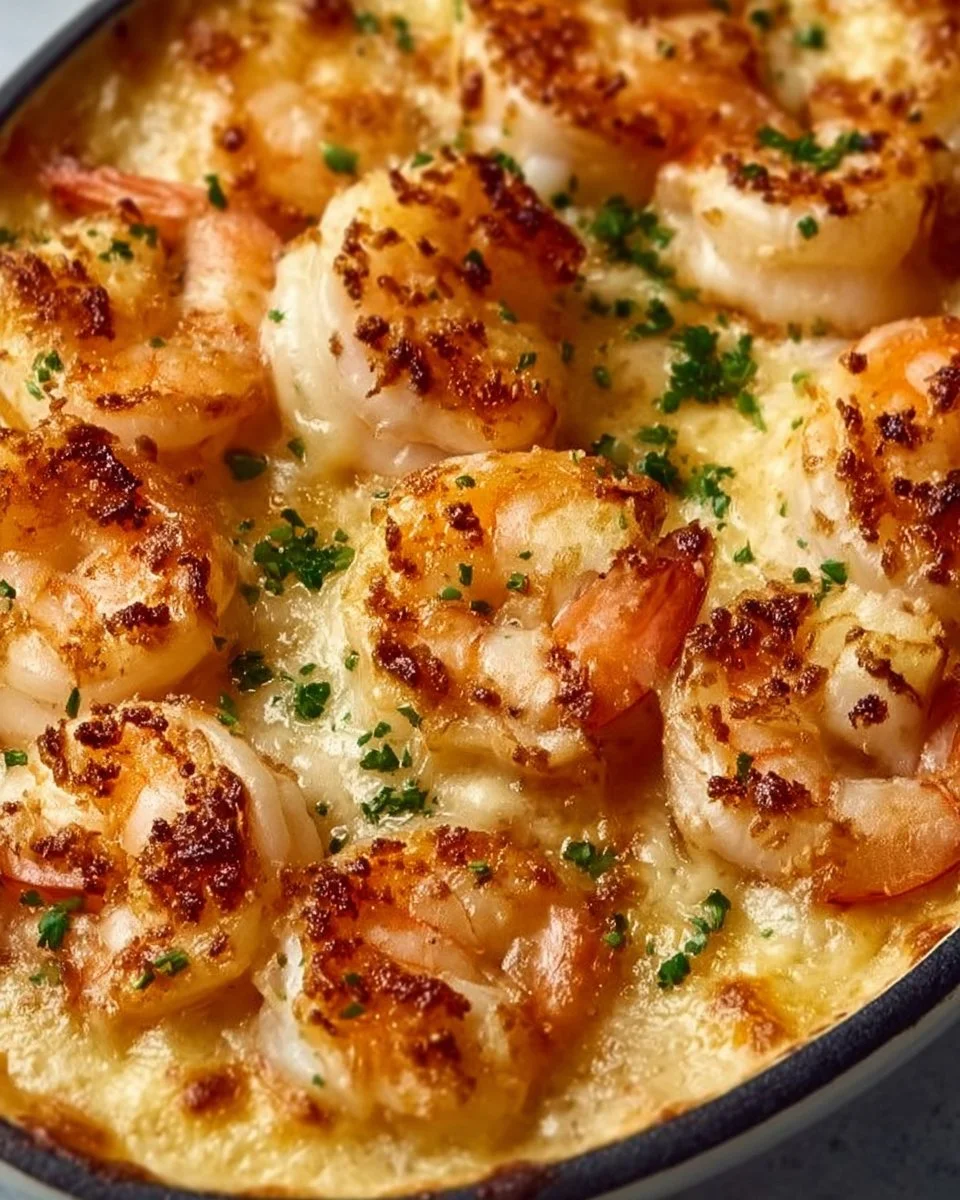 Delicious shrimp gratin topped with cheese and herbs, served in a dish.