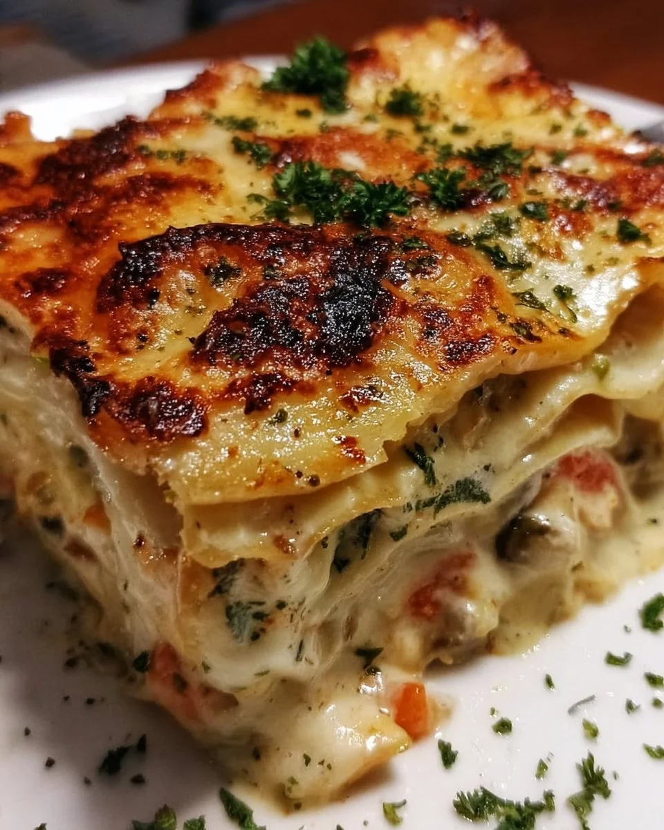 Delicious loaded veggie white lasagna with layers of vegetables and creamy sauce.