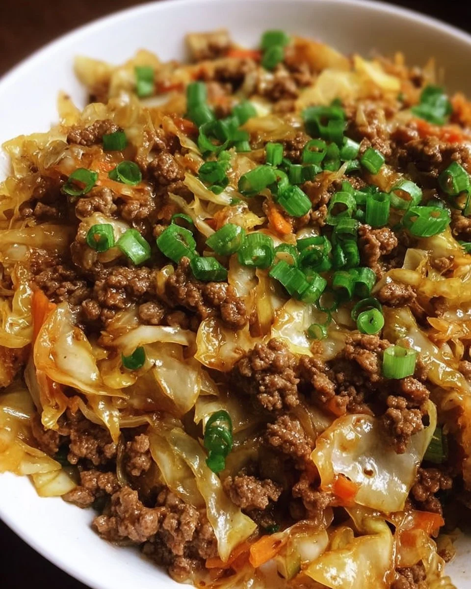 Low-carb Mongolian ground beef and cabbage dish on a plate
