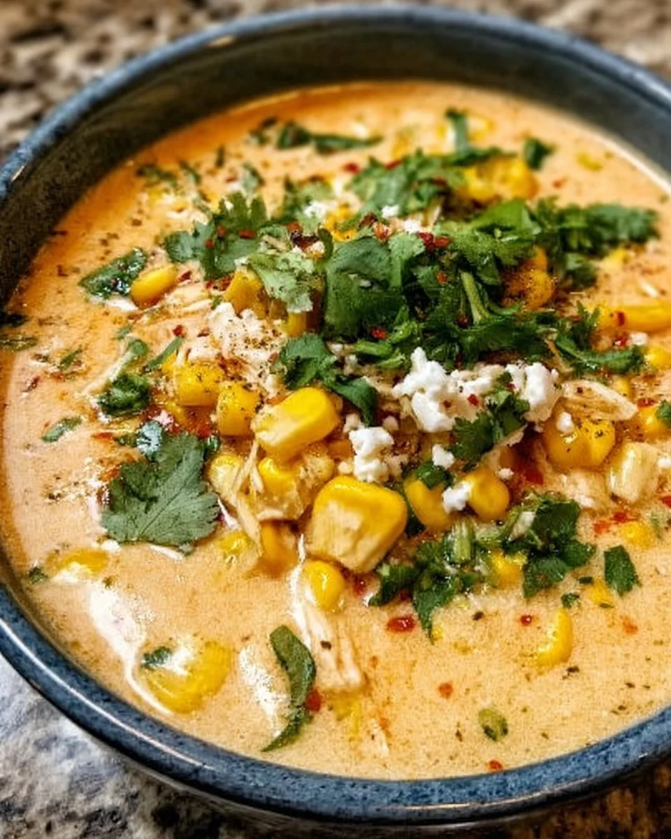 Bowl of creamy Mexican street corn chowder topped with fresh cilantro