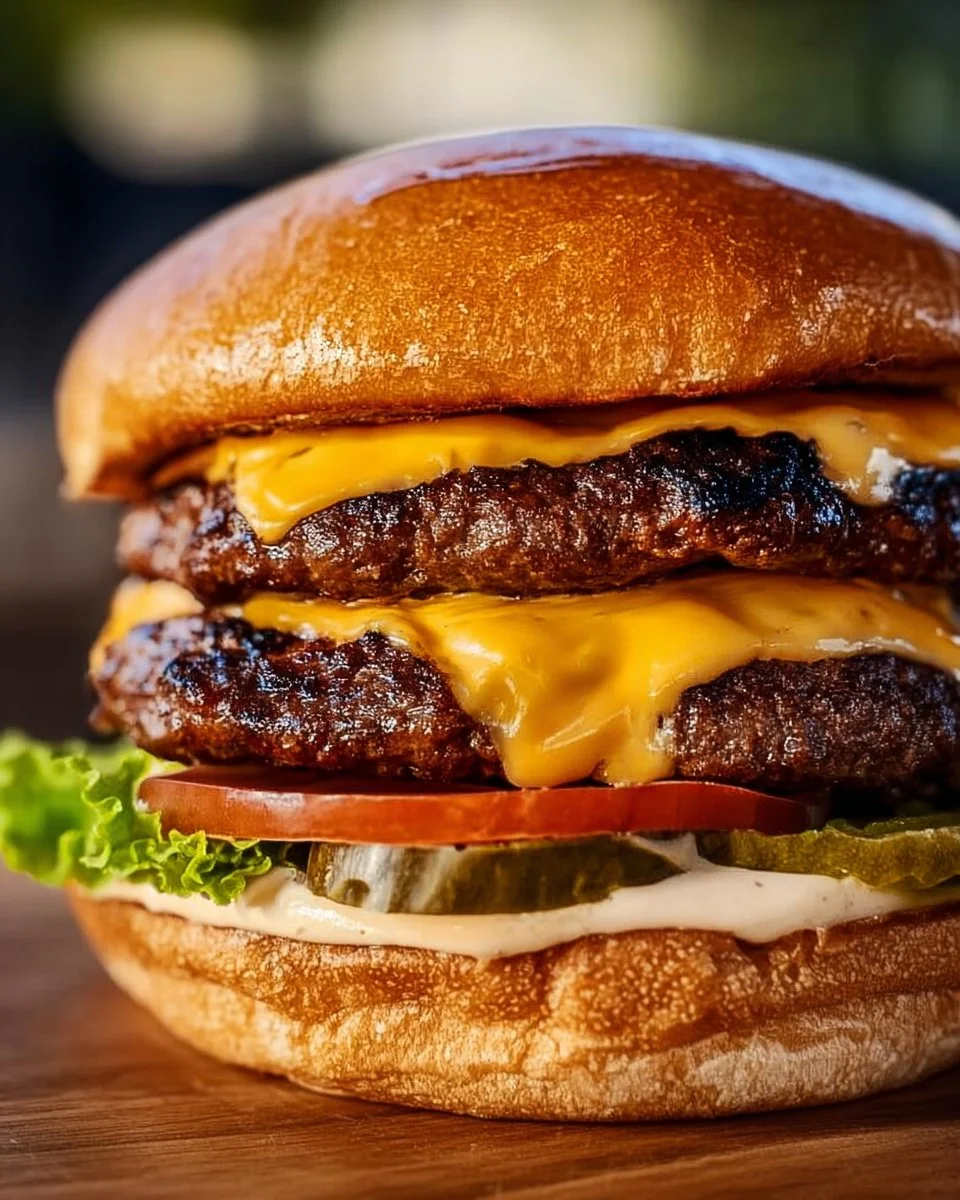 Delicious MSG smash burgers served with toppings on a wooden platter.