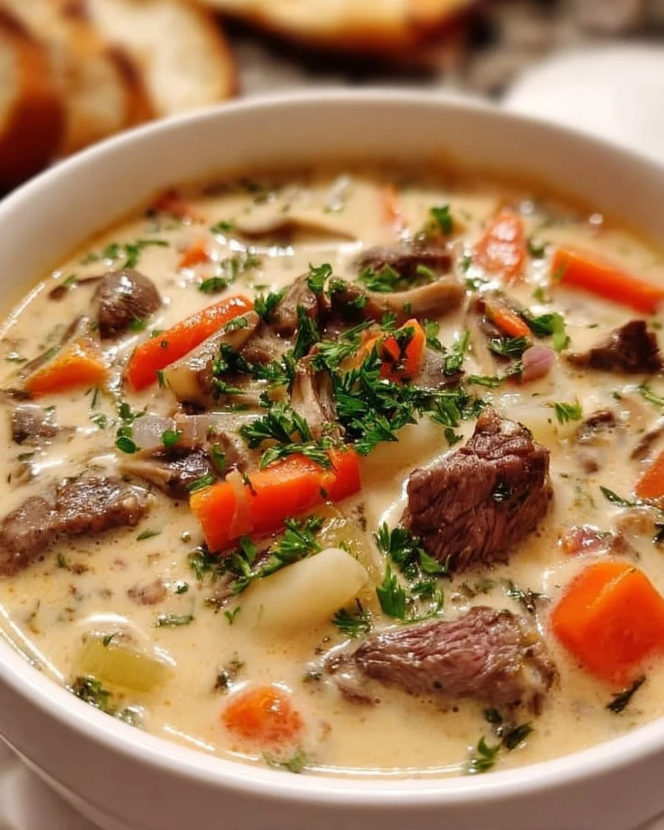 Delicious one pot Philly cheesesteak soup filled with beef and cheese