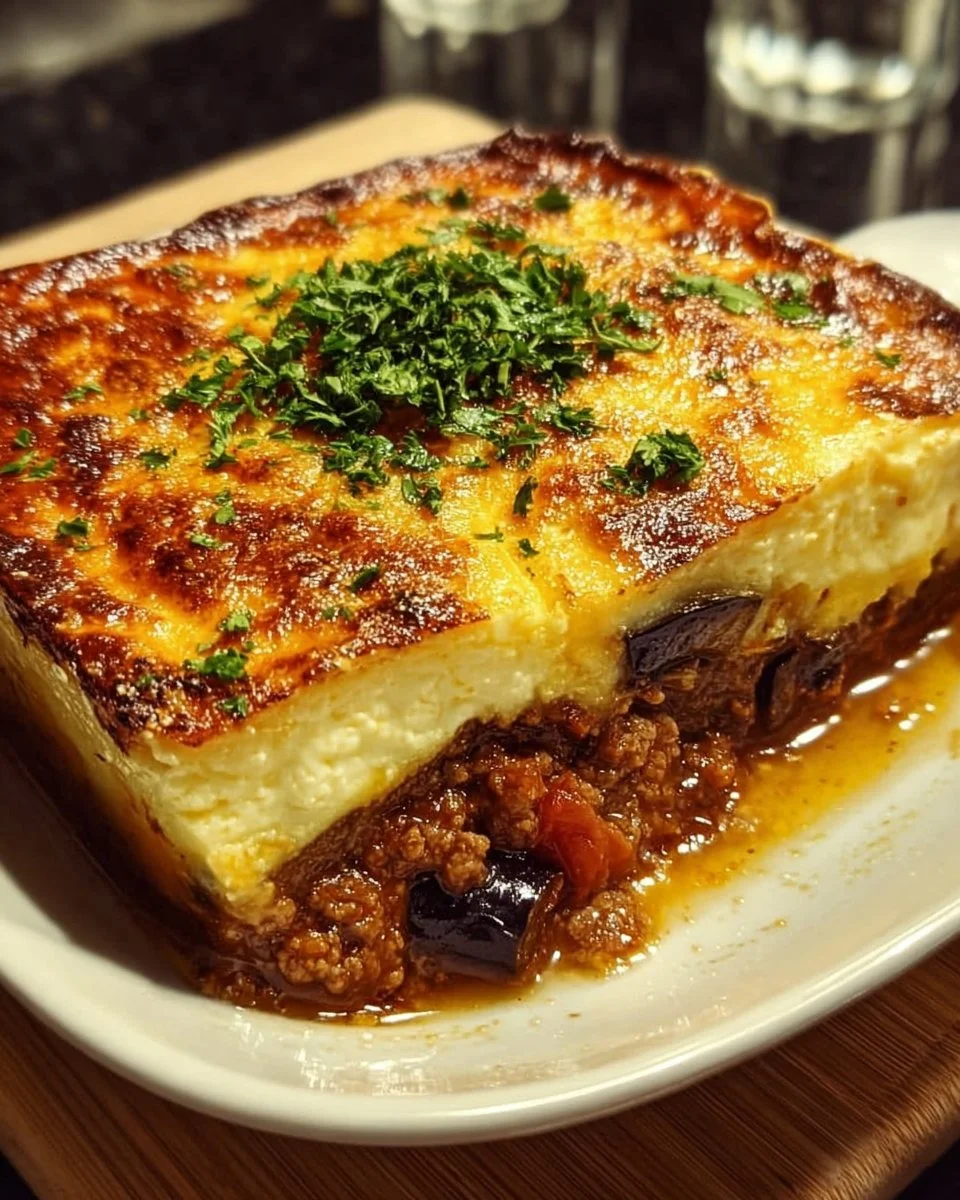 A beautifully layered Greek Moussaka with eggplant, potatoes, and béchamel sauce