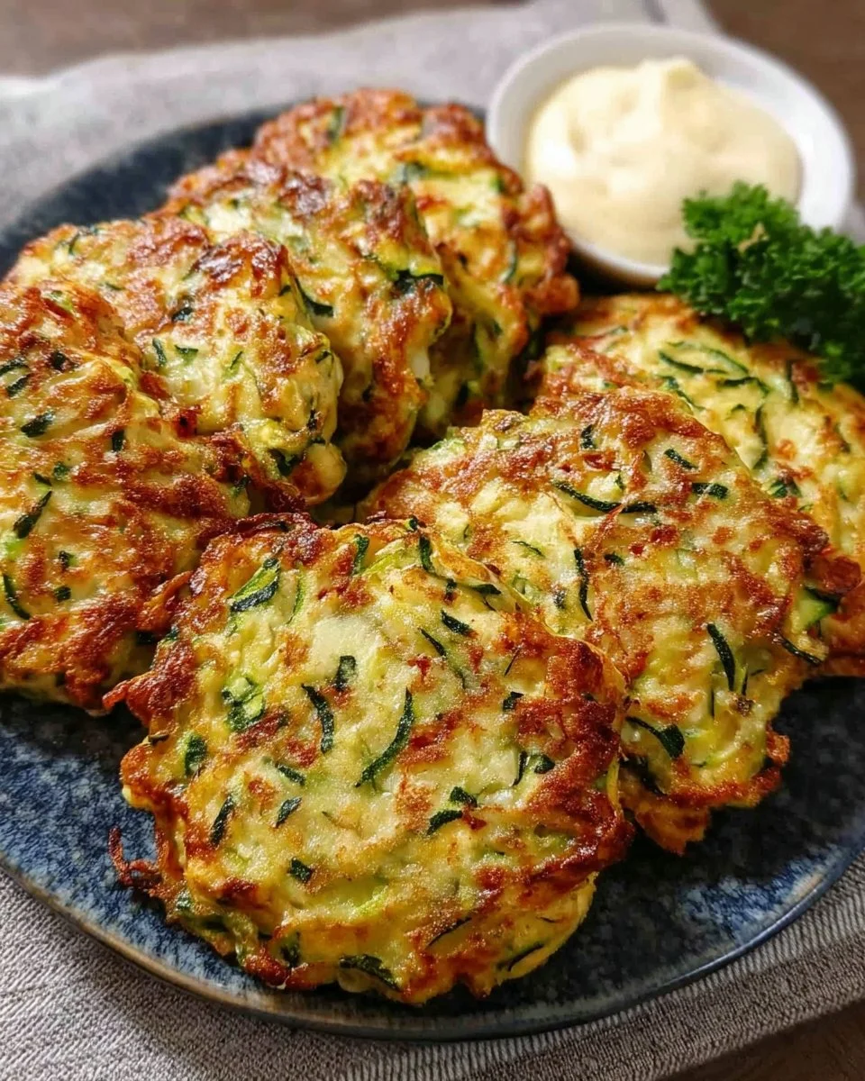 Oven-baked high-protein zucchini fritters on a plate with herbs and sauce.