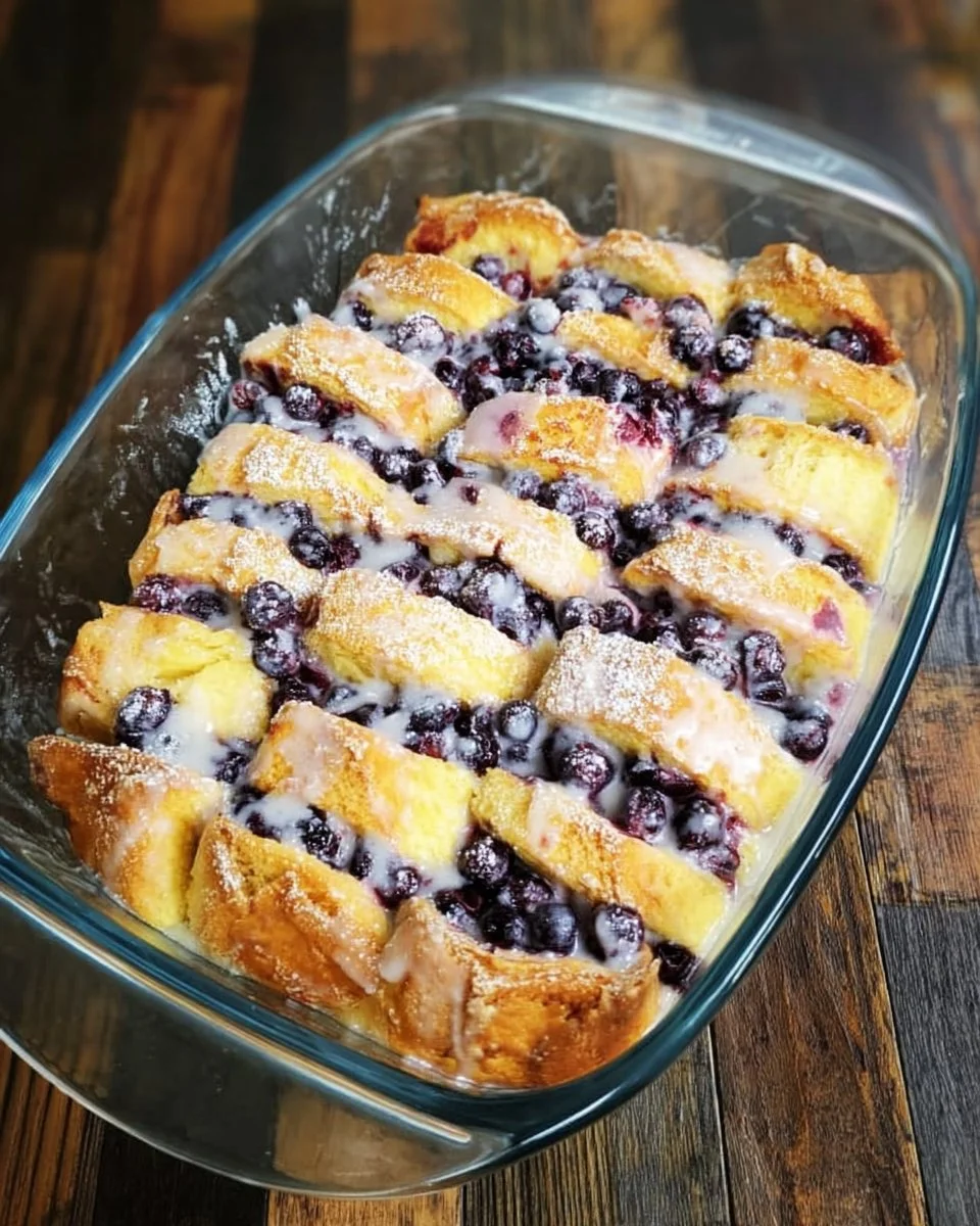 Overnight Blueberry French Toast Casserole ready to serve for breakfast