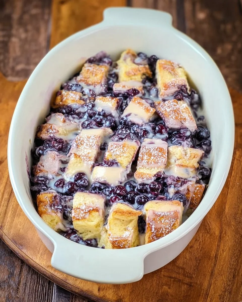 Delicious Overnight Blueberry French Toast Casserole served with syrup.