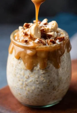 Creamy peanut butter cheesecake overnight oats in a glass with toppings.