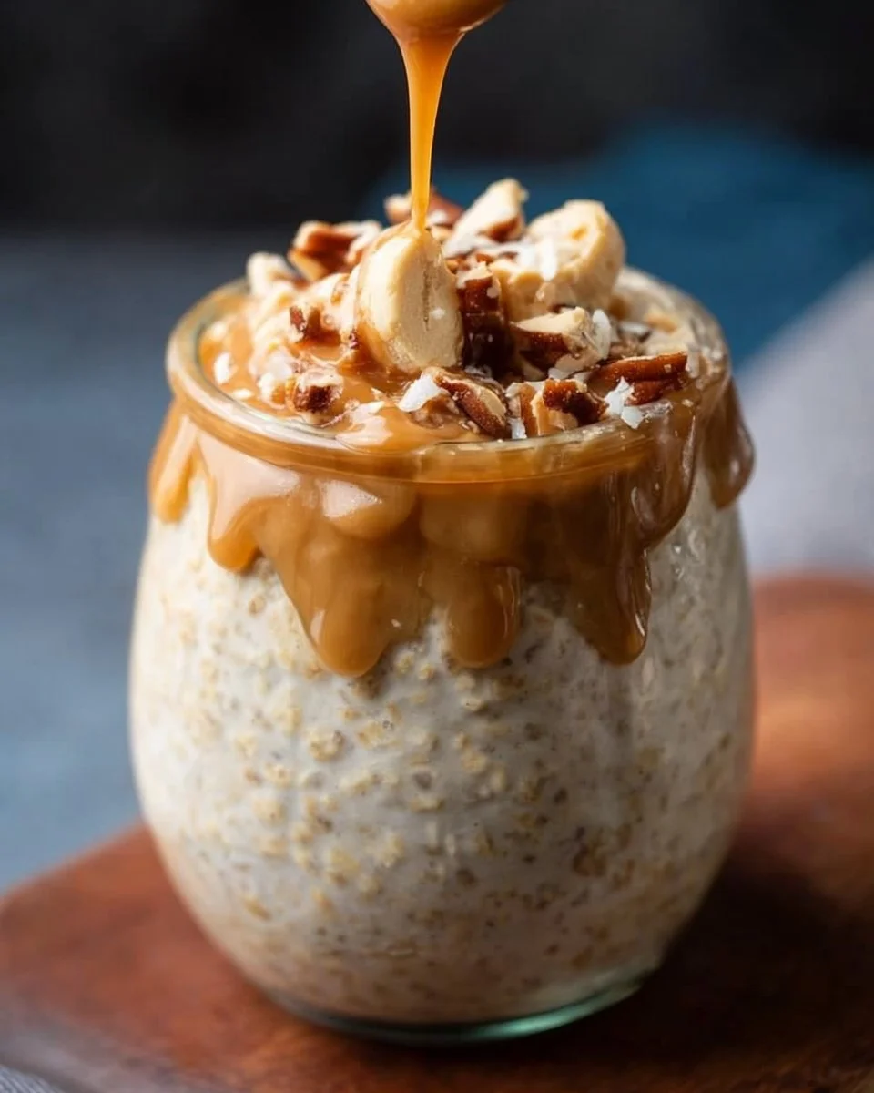 Creamy peanut butter cheesecake overnight oats in a glass with toppings.