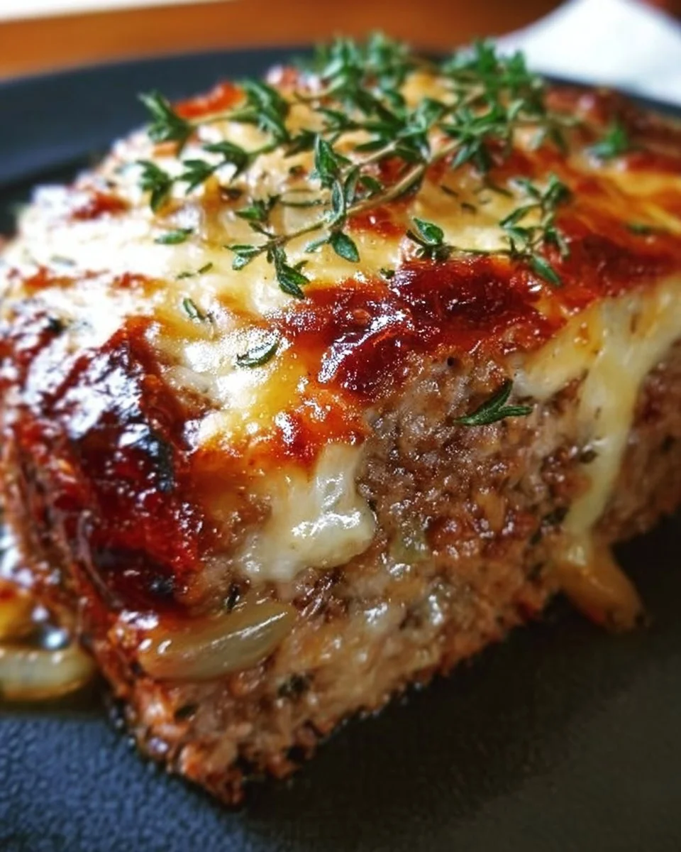 Delicious meatloaf topped with caramelized onions and melted cheese