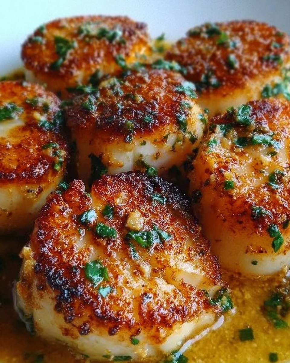 Deliciously crispy pan-seared scallops plated with garnishes