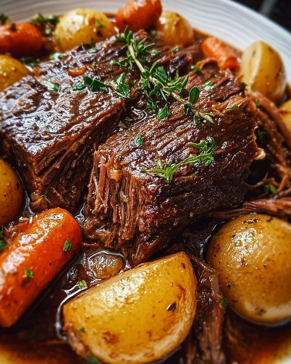 Perfectly tender Crock Pot pot roast served with vegetables