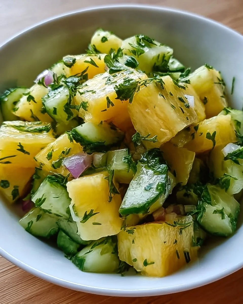 A colorful bowl of pineapple cucumber salad garnished with fresh herbs.
