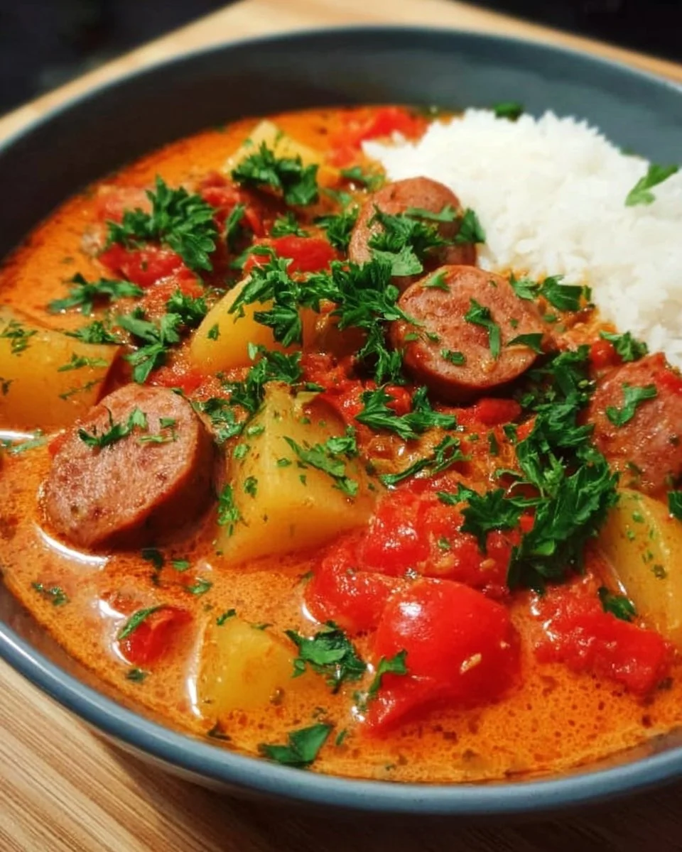 Delicious Potato Goulash with Sausages in a bowl, garnished and ready to serve.