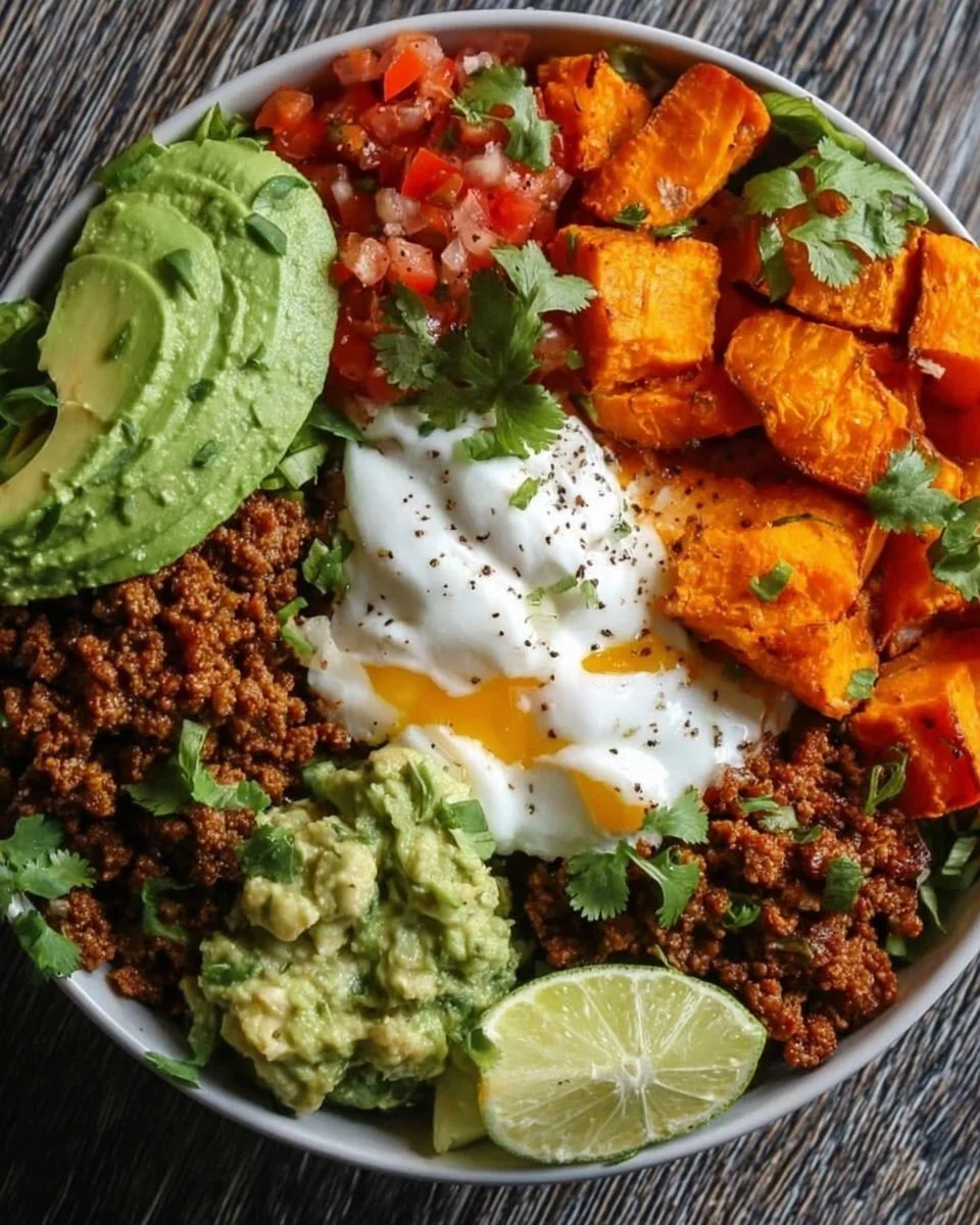 Protein-packed sweet potato taco bowl with fresh ingredients and toppings