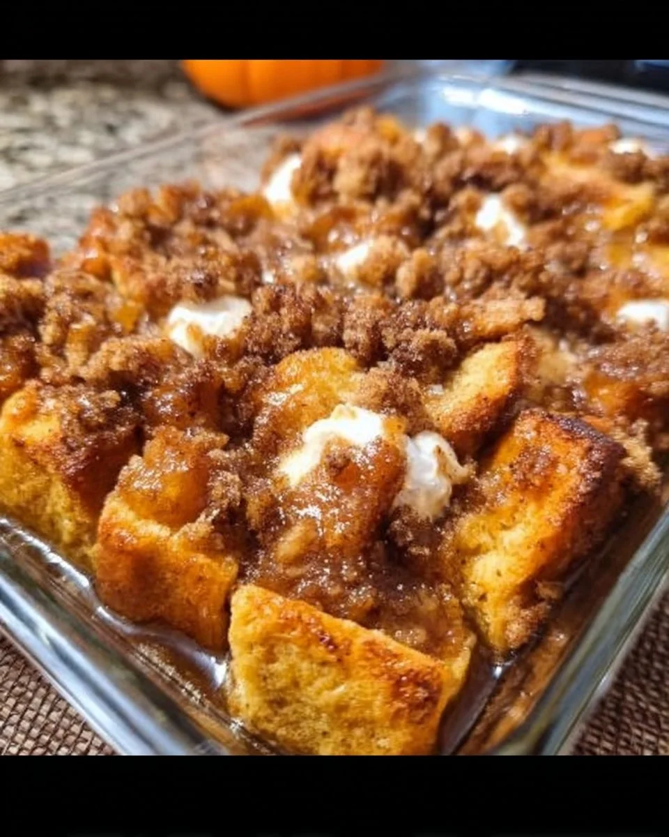 Delicious pumpkin French toast casserole topped with maple syrup and spices