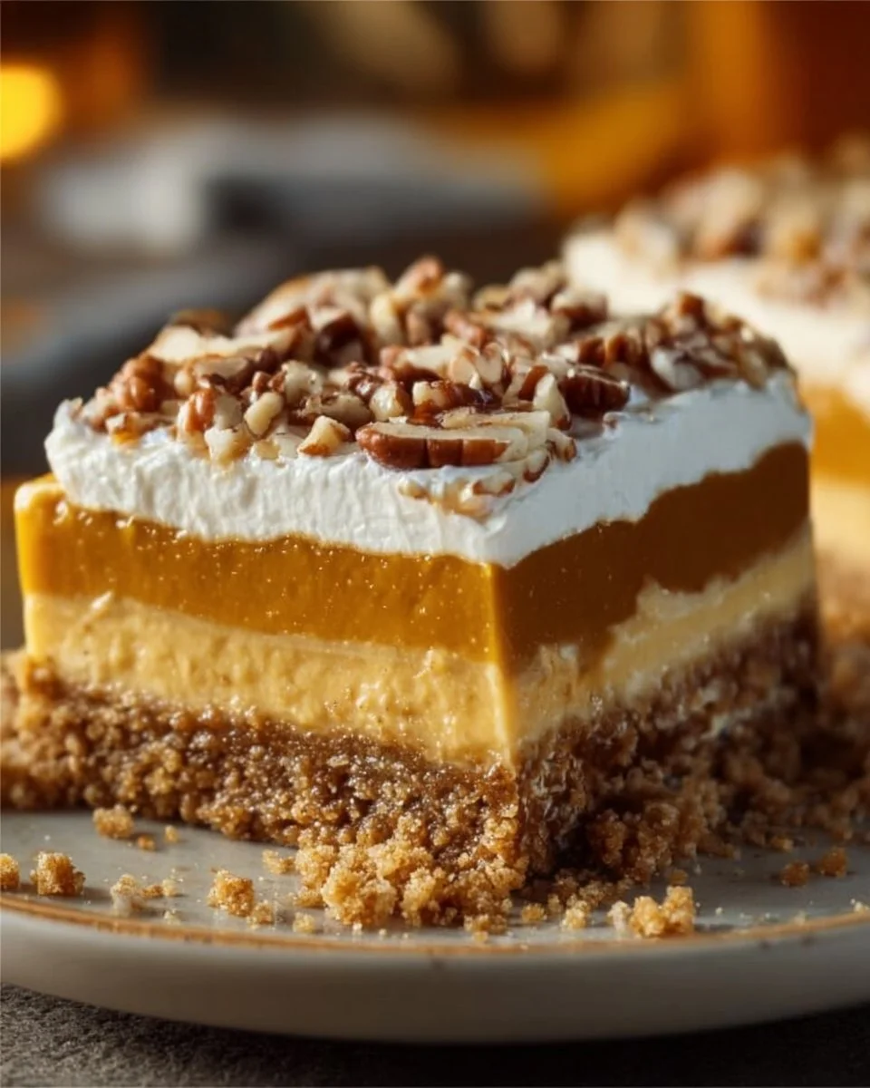 Delicious Pumpkin Lush dessert garnished with whipped cream.