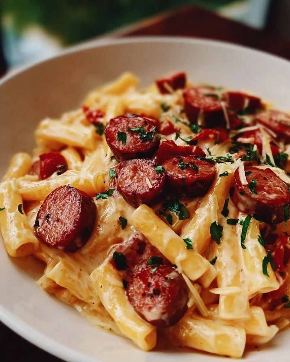 Quick and delicious pasta dish with smoked sausage and fresh ingredients.