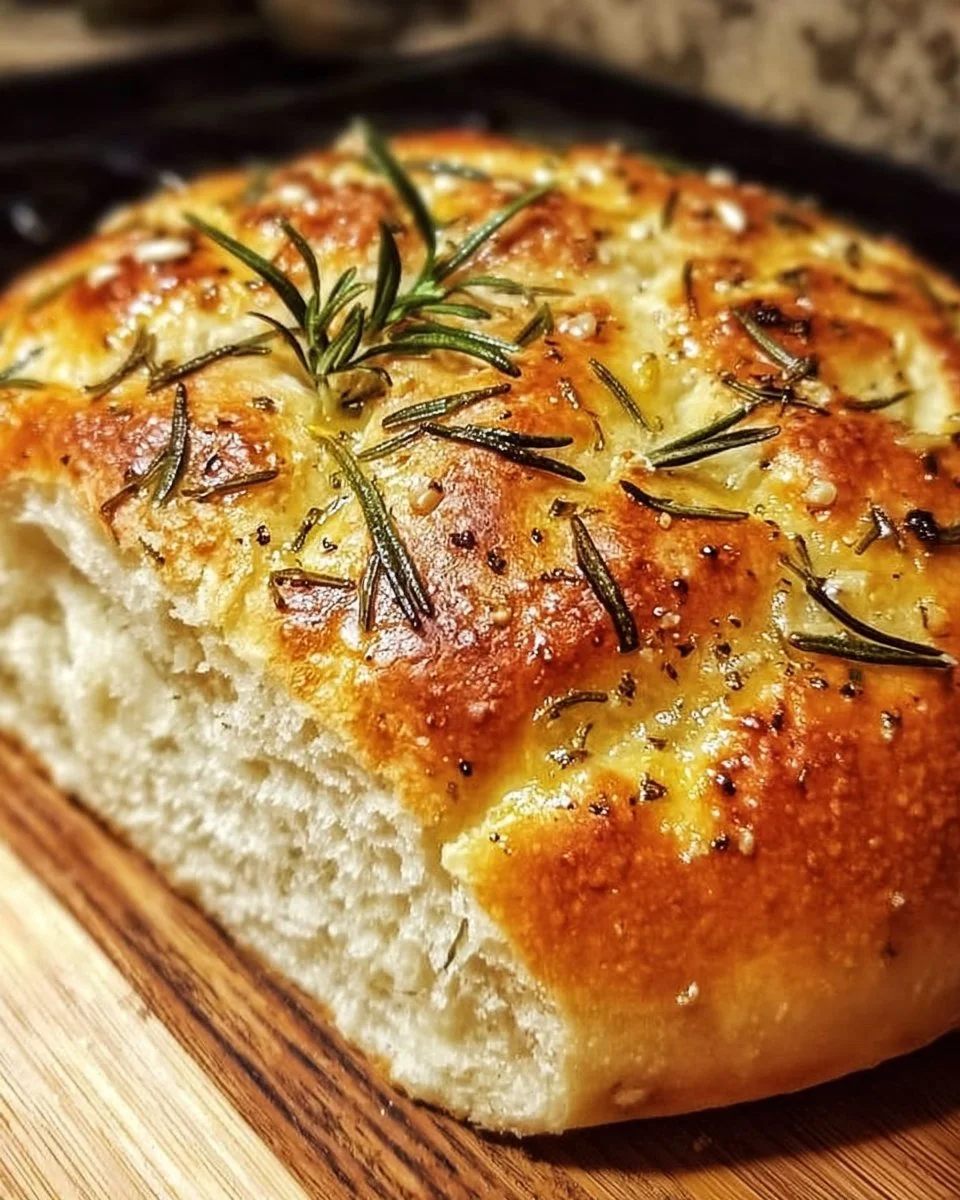 Freshly baked rustic no-knead rosemary garlic bread loaf