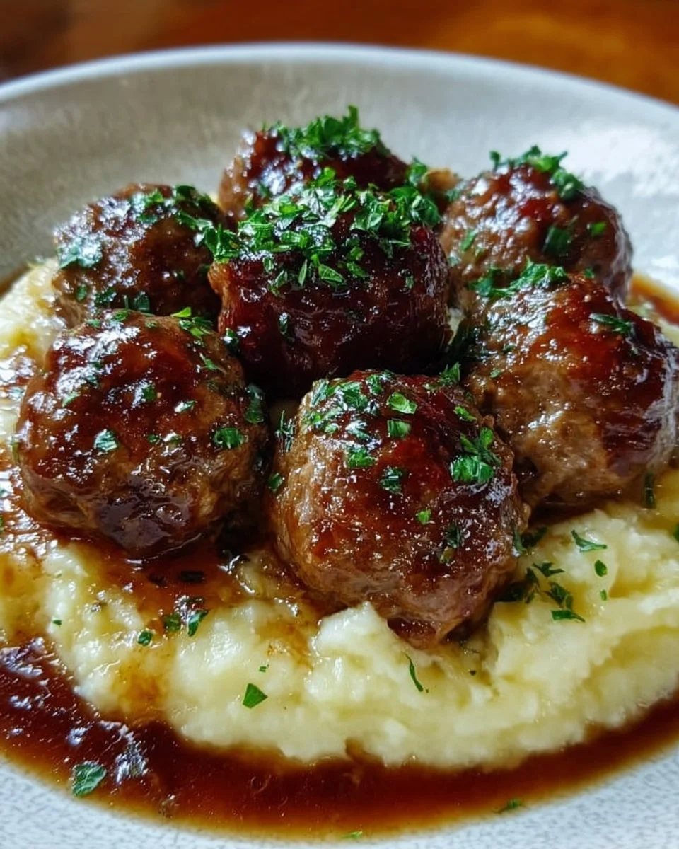 Salisbury steak meatballs on a plate with garlic herb mashed potatoes