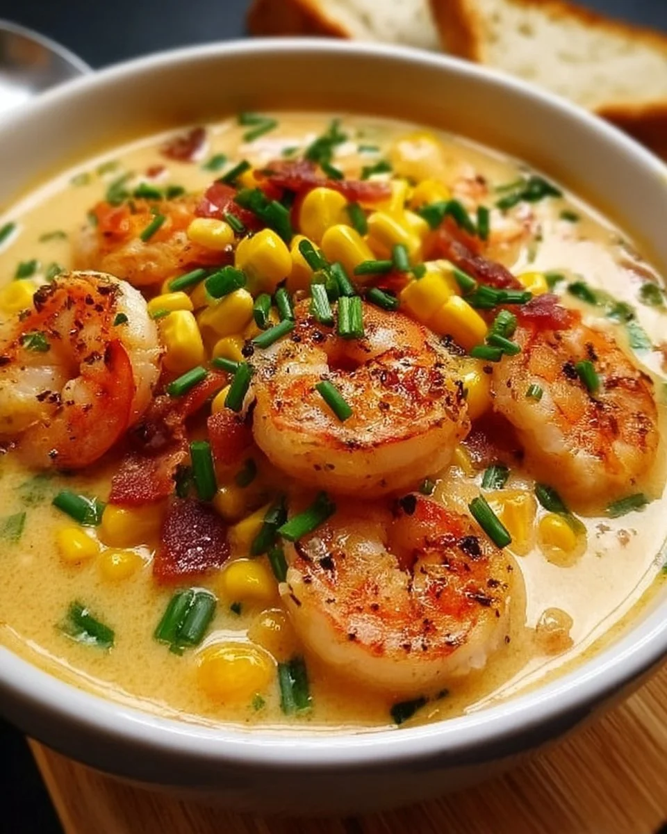 Creamy shrimp and corn bisque served in a bowl, garnished with fresh herbs.