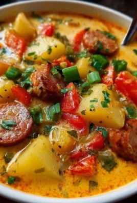Bowl of Slow Cooker Cajun Potato Soup with Andouille Sausage topped with green onions.