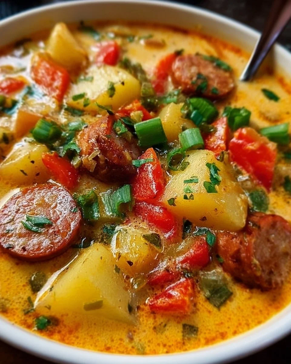 Bowl of Slow Cooker Cajun Potato Soup with Andouille Sausage topped with green onions.