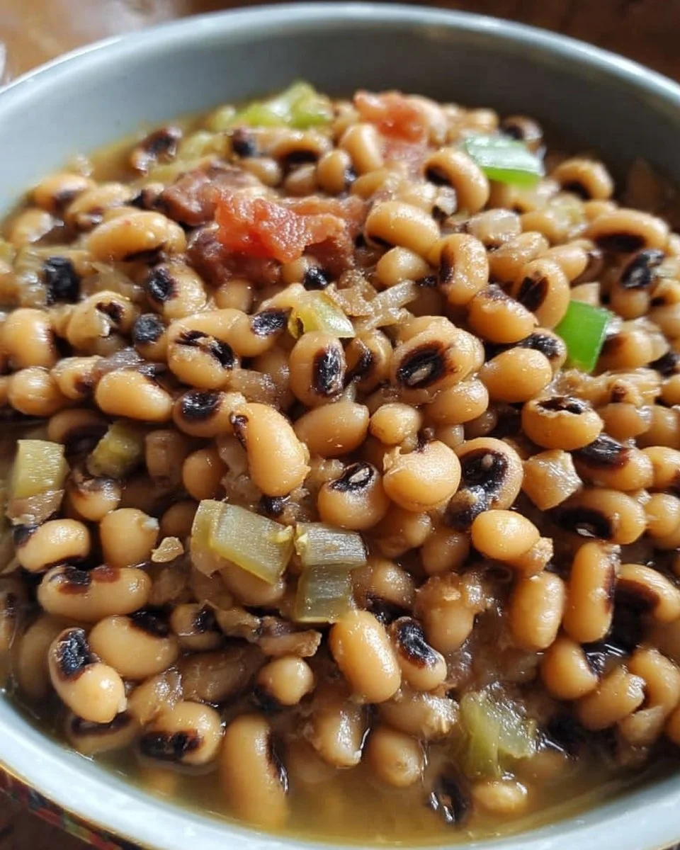 A delicious bowl of Southern black-eyed peas served with cornbread and greens.
