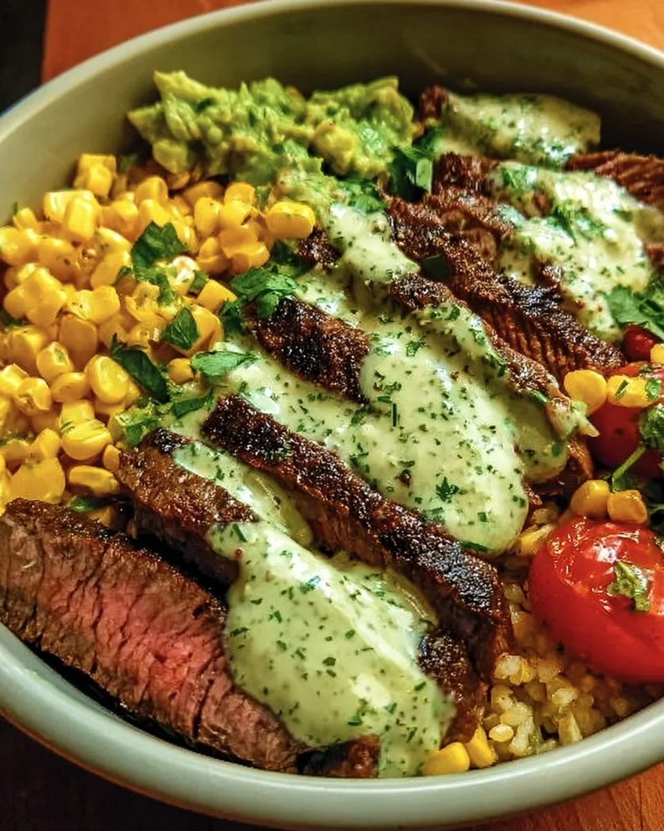 Steak Avocado Roasted Corn Bowl with Cilantro Cream Sauce served in a bowl