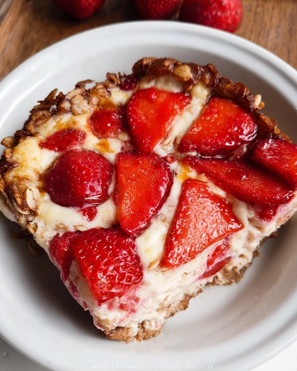 Baked oatmeal topped with fresh strawberries and cheesecake flavors