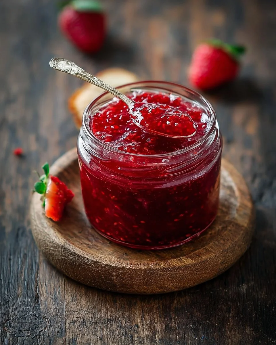 Homemade strawberry jam in a jar with fresh strawberries and toast