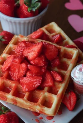 Delicious strawberry waffles with fresh strawberries and syrup topping