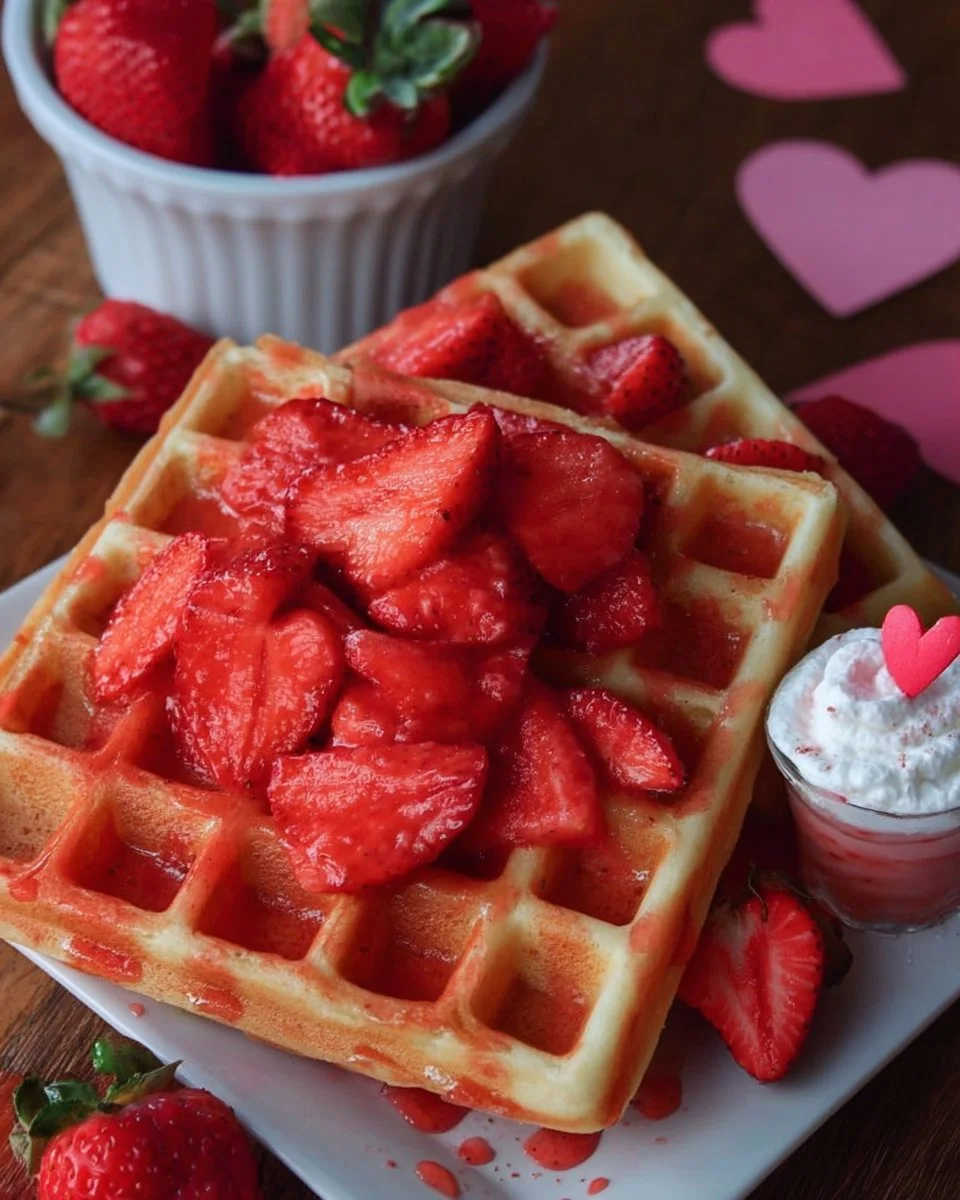 Delicious strawberry waffles with fresh strawberries and syrup topping