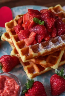Delicious strawberry waffles topped with fresh strawberries and syrup