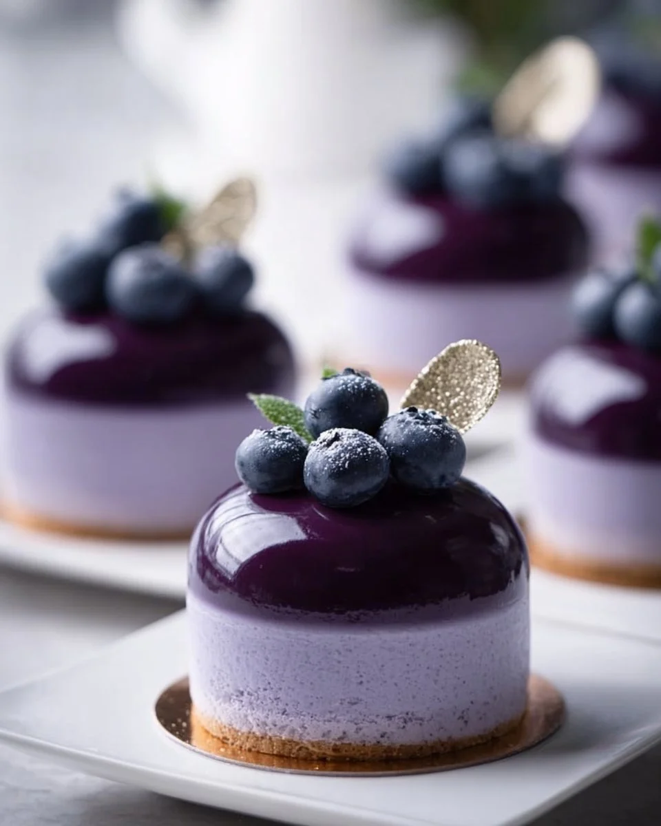 Delicious blueberry mousse cake topped with fresh blueberries and whipped cream