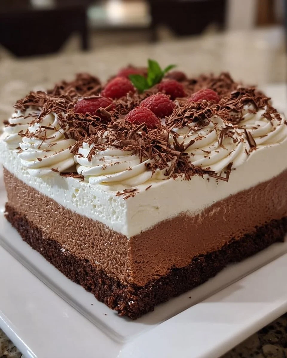 Delicious triple chocolate mousse cake garnished with chocolate shavings.