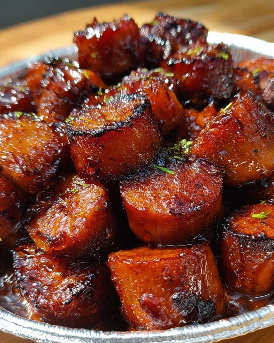 Sweet and Spicy Baked Hot Dog Burnt Ends served on a plate