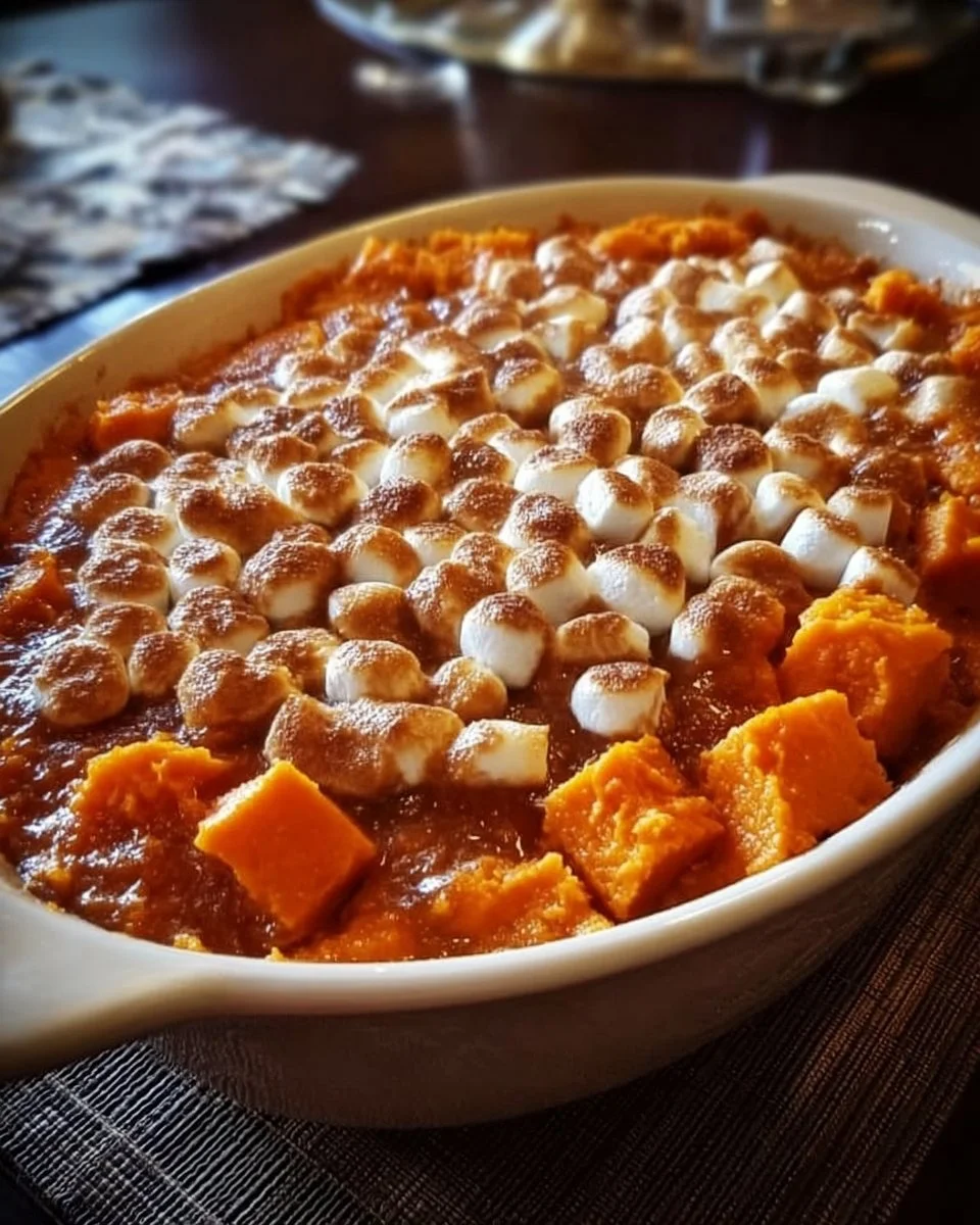 Delicious sweet potato casserole topped with marshmallows and pecans