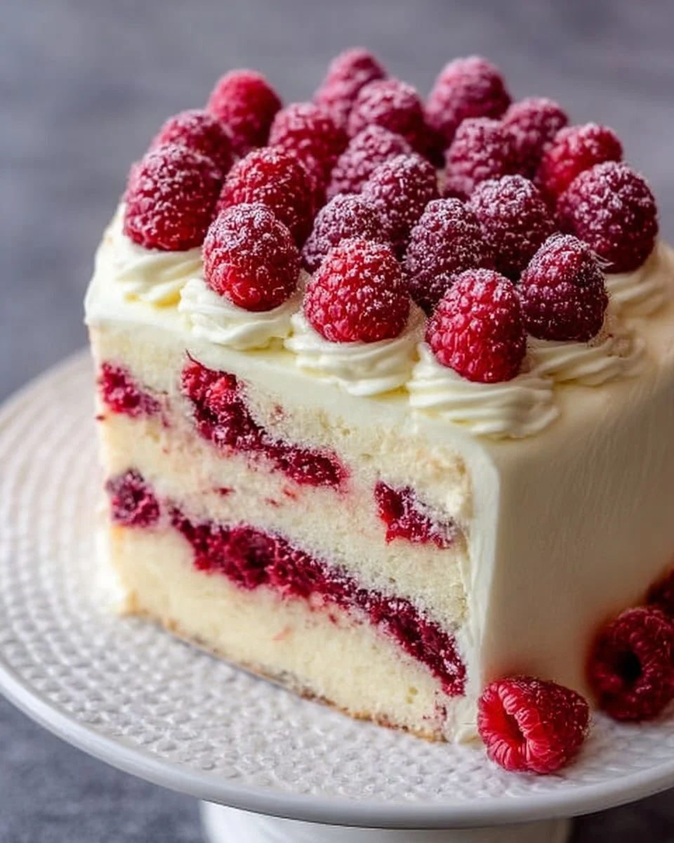 Delicious slice of white chocolate raspberry cake with fresh raspberries on top