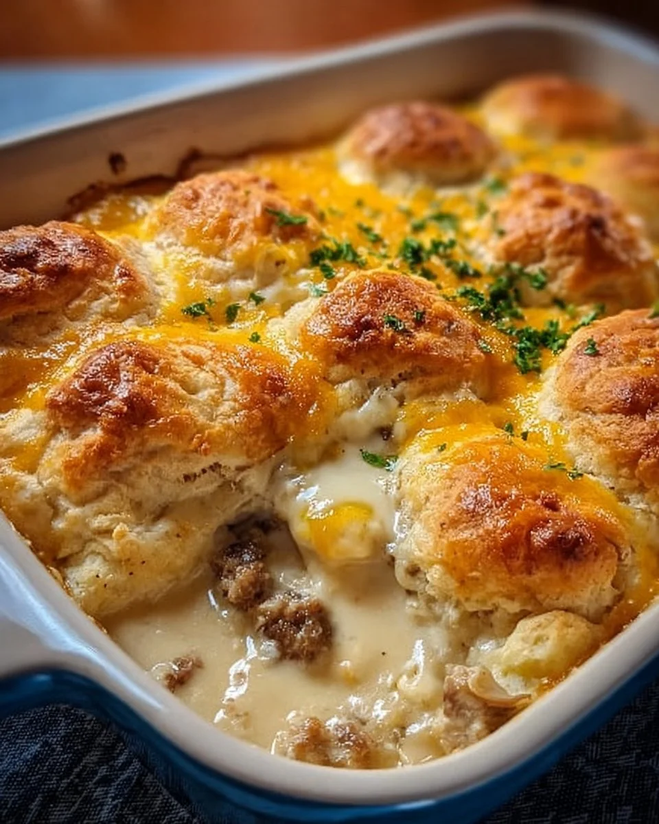 Delicious ultimate breakfast casserole with biscuits and gravy served in a baking dish