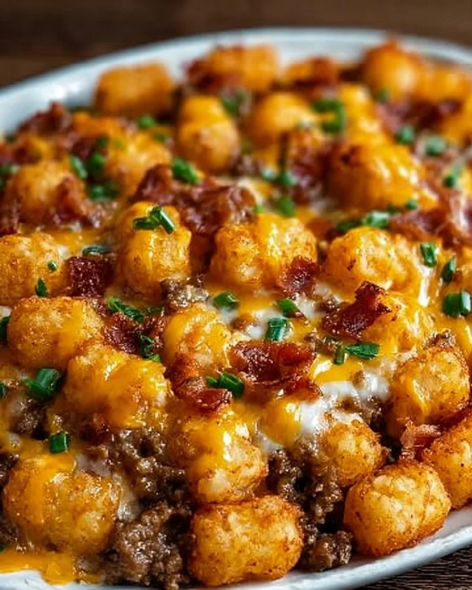 Delicious cheeseburger casserole topped with tater tots, ideal for family meals.
