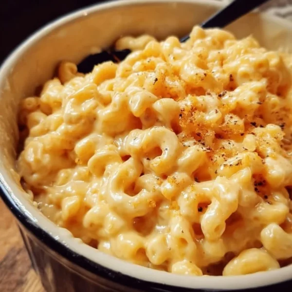 Bowl of creamy Crockpot Mac and Cheese with cheese and pasta