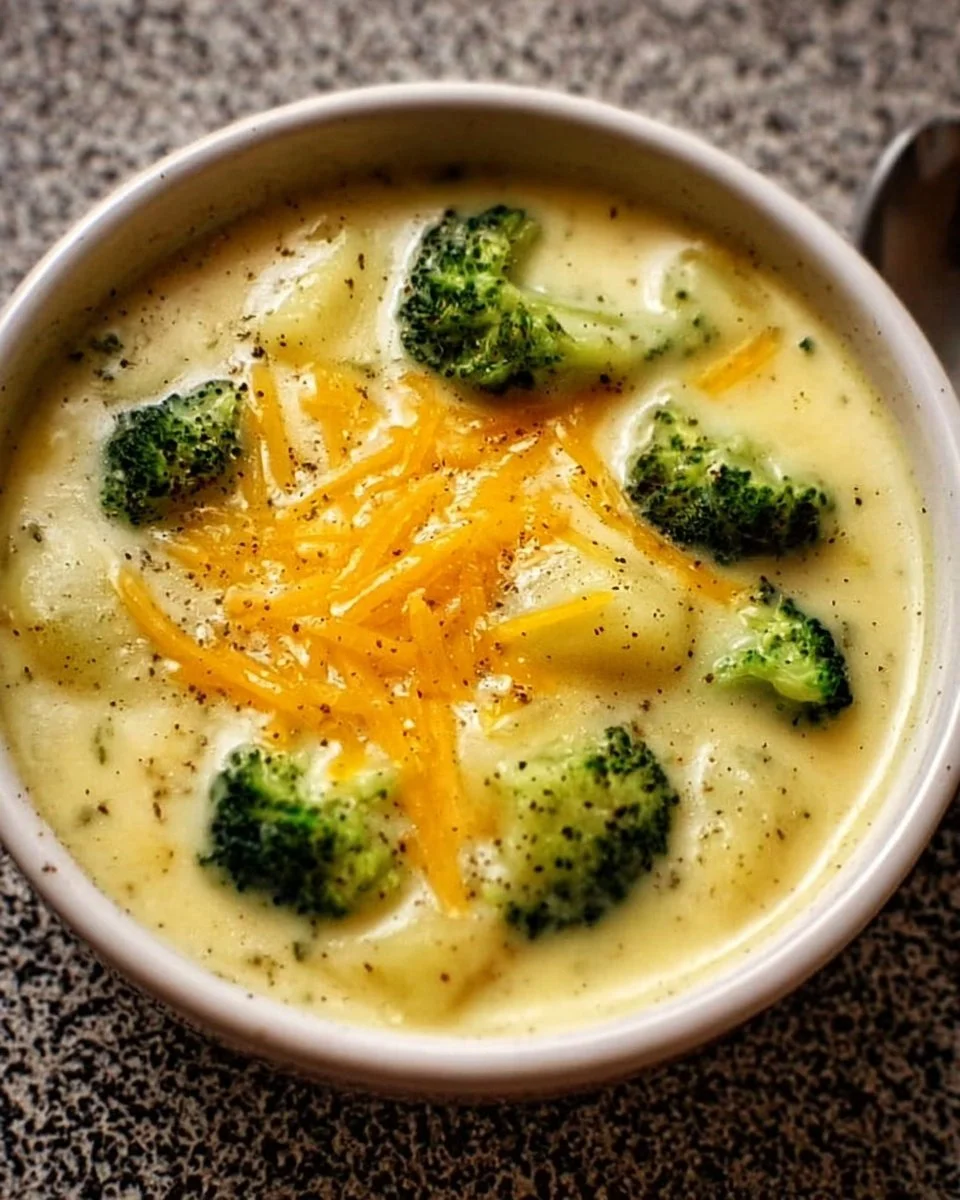 Bowl of ultimate potato broccoli cheese soup with cheese and broccoli garnish.