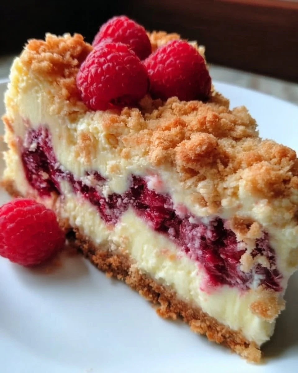 Delicious Vanilla-Raspberry Cheesecake with Crumble topping served on a plate