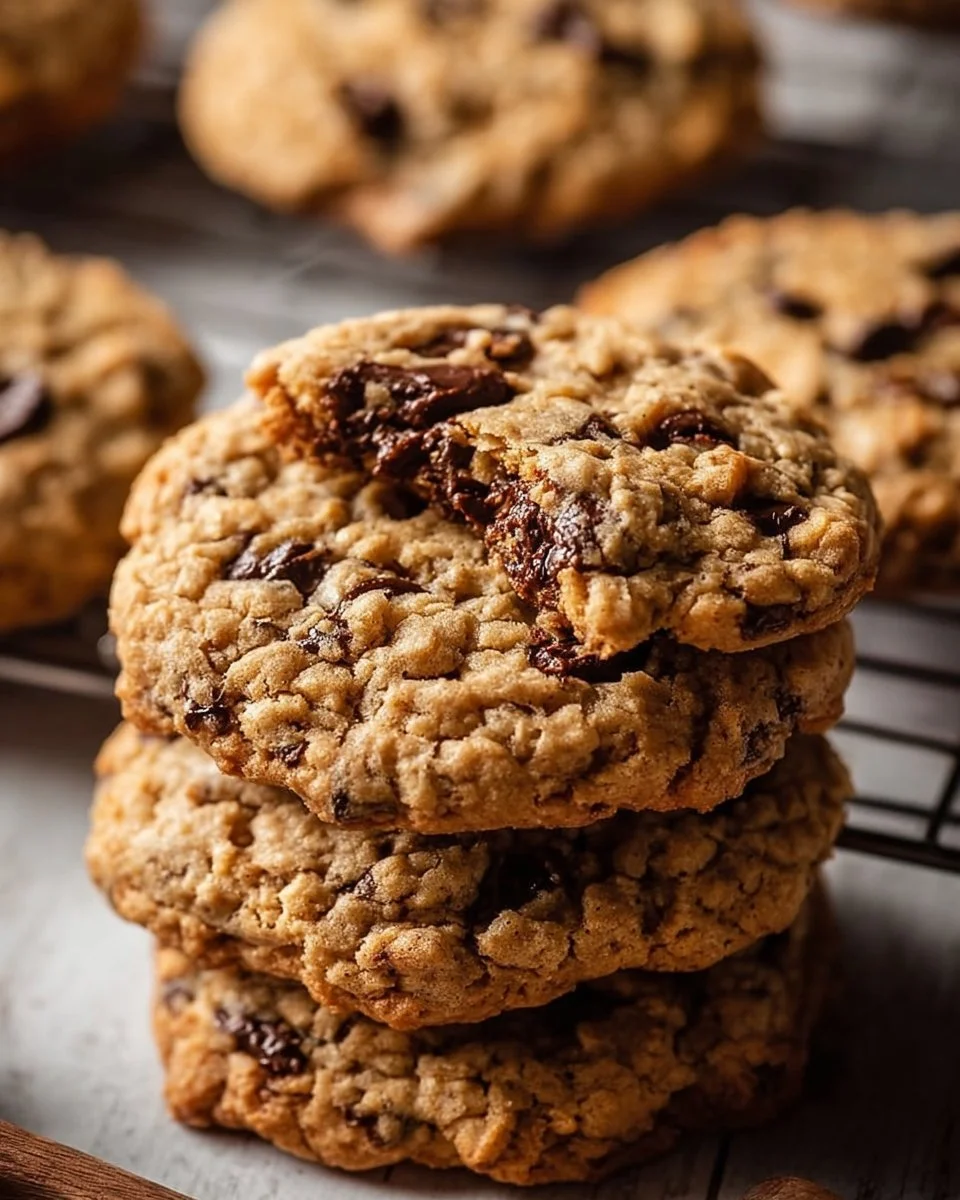 Vegan oatmeal chocolate chip cookies on a cooling rack